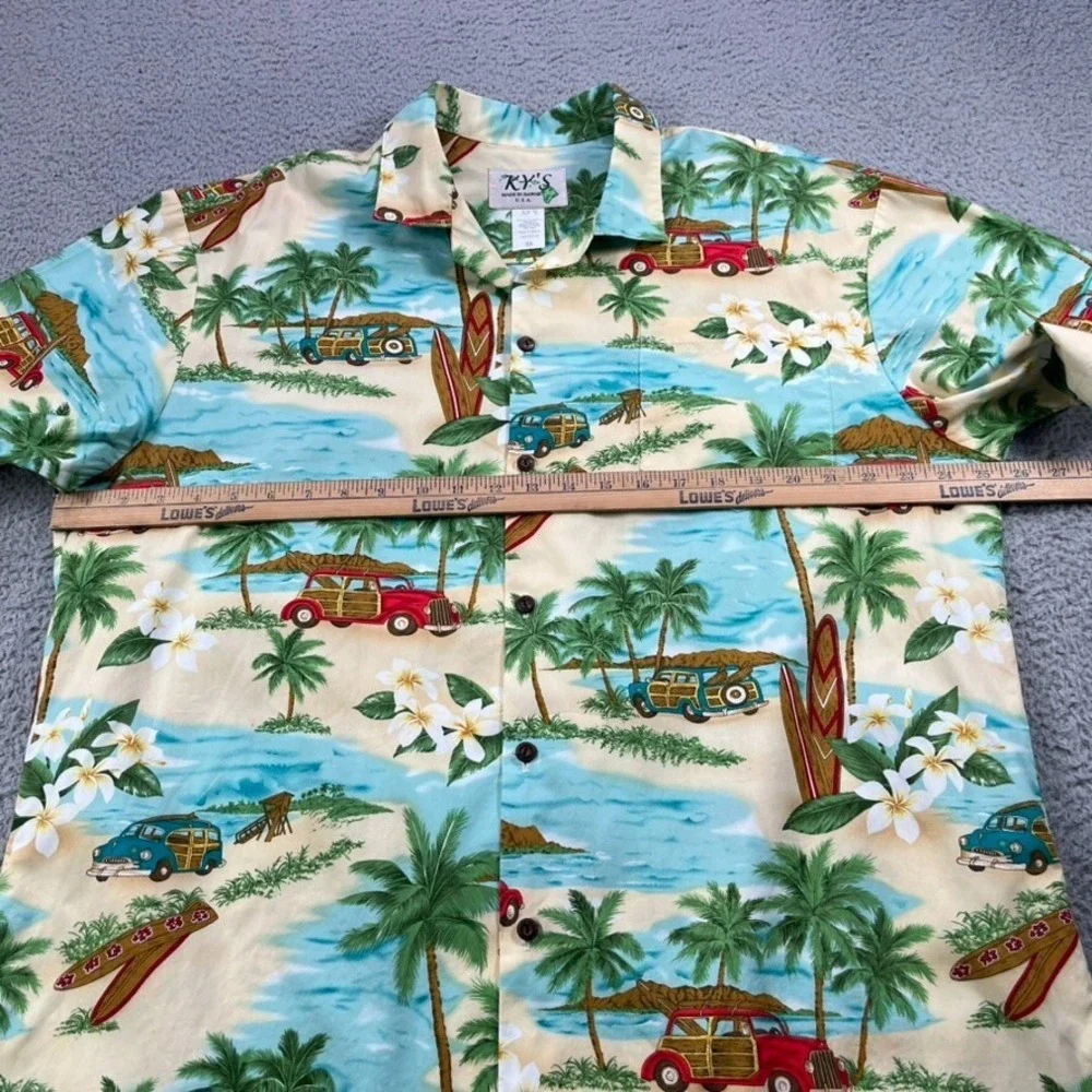 Kys Hawaiian Shirt Men XL Woody Wagon Car‎ Surf Board Tropical 100% Cotton USA